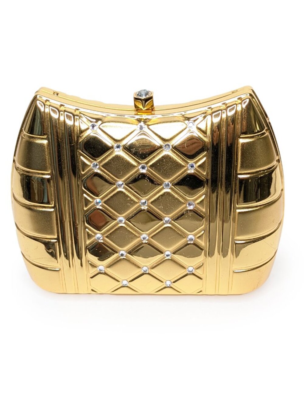 Vintage Gold Hard Shell Rhinestone Evening Bag Metal Box Clutch Crossbody Purse - Picture 3 of 14